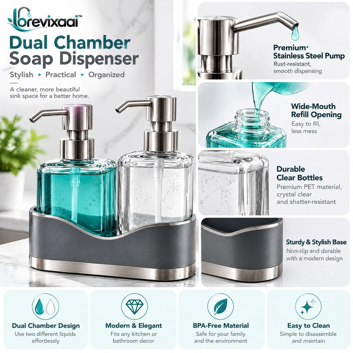 lorevixaai Dual Chamber Soap Dispenser — product image 4
